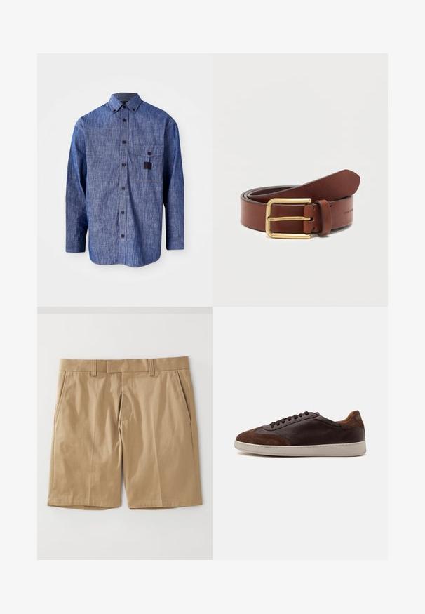 Blauwe denim overhemd met lange mouwen, een button-down kraag, een borstzak aan de voorkant en een subtiele textuur. Voorzien van donkere knopen en contrasterende stiksels.; Khaki shorts met een soepele, geweven textuur, voorzien van twee zijzakken en een rechte snit, ontworpen met een platte tailleband en riemlussen.; Lage bruine leren en suède sneaker met donkerbruine veters en een witte rubberen zool, gezien vanaf de buitenkant.; Bruine leren riem met gouden rechthoekige gesp, opgerold op een effen witte achtergrond.