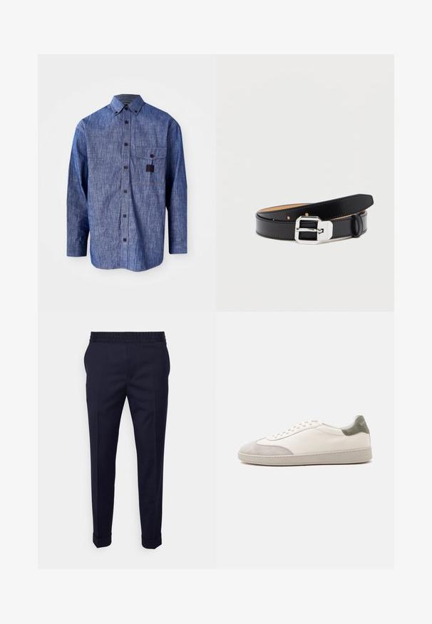 Chemise en denim bleu à manches longues avec un col boutonné, poche poitrine avant et texture subtile. Présente des boutons foncés et des coutures contrastées.; Pantalons bleu marine avec une texture lisse, dotés d'une taille élastique et de poignets retroussés, conçus dans une coupe fuselée avec des poches latérales.; Baskets basses blanches avec accents en daim gris clair sur le bout et le talon, lacets blancs et semelle beige plate, vues de côté extérieur.; Ceinture en cuir noir avec une boucle rectangulaire argentée brillante, présentant une surface lisse et plusieurs trous de réglage le long de sa longueur.