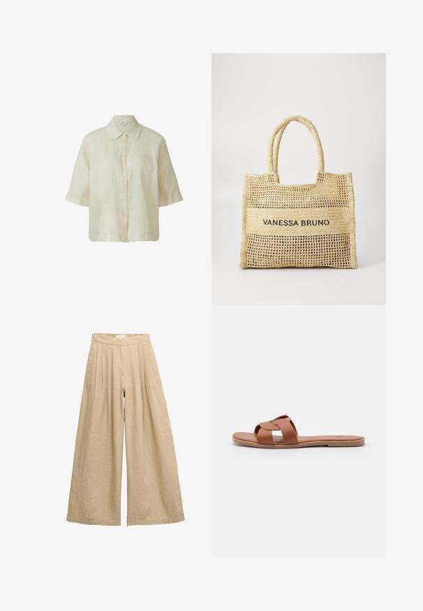 Blouse en lin beige clair avec un col classique, des manches courtes et une fermeture à boutons sur le devant. Texture douce avec une coupe décontractée.; Pantalon en lin beige taille haute à jambes larges avec plis à la taille et fermeture avant cachée.; Sandales plates marron en cuir lisse avec un design à brides croisées, dotées d'une semelle plate et d'un style minimaliste.; Sac fourre-tout tissé beige avec deux poignées et "VANESSA BRUNO" imprimé en noir sur un panneau tissé solide au centre.