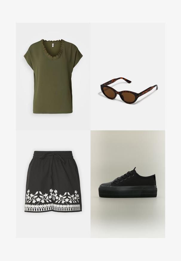 Top de color verde olivo de manga corta, hecho de una tela suave, con un escote festoneado y un corte relajado. Diseño simple sin patrones adicionales.; Pantalones cortos negros con bordado y ribete floral blanco. Presentan una cinturilla con cordón y un tejido ligero, ideal para uso casual.; Zapatilla negra de plataforma con suela gruesa acanalada, cordones en la parte delantera y tiradores en la lengüeta y el talón, mostrada de lado sobre un fondo neutro.; Gafas de sol de carey marrón con una forma vintage de ojo de gato y lentes marrones. Presentan brazos curvados con acentos rojos.
