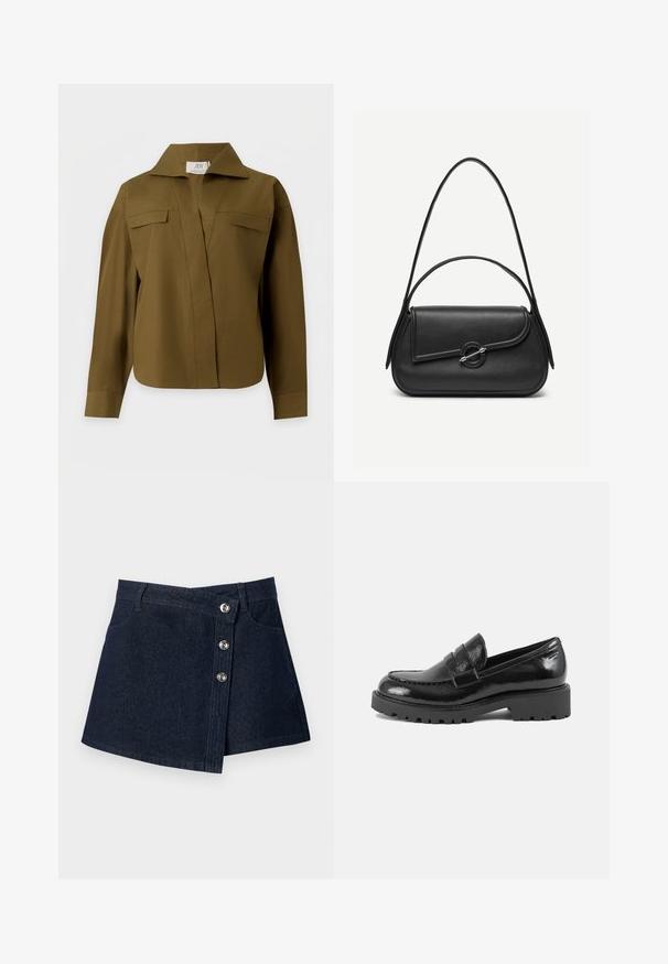JDY JDYWILLY ASYMMETRIC SHIRT - Blusa - dark olive; Minifalda de mezclilla azul oscuro con parte delantera asimétrica, cierres de botones plateados, trabillas para cinturón y bolsillos delanteros sobre fondo liso.; Mocasin de charol negro con punta estructurada, tira decorativa en el empeine y suela gruesa y robusta. Acabado suave y brillante.; Bolso de cuero negro con bordes redondeados, solapa asimétrica, cierre circular de metal y correas de hombro cortas y largas.
