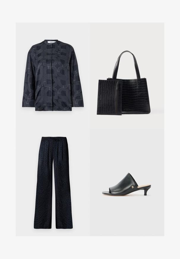 Blusa azul marino con un patrón geométrico blanco, con cuello mao y mangas largas, fabricada en un tejido liso y brillante.; Pantalones de pierna ancha en tejido oscuro con un sutil estampado de leopardo negro, cinturilla elástica y un drapeado cómodo.; Mules de cuero negro de punta abierta con un tacón bajo. Presentan una superficie lisa y un acento del logo dorado en el costado.; Bolso tote negro con patrón de cocodrilo, con textura lisa y dos asas resistentes. Incluye un estuche desmontable con cremallera.