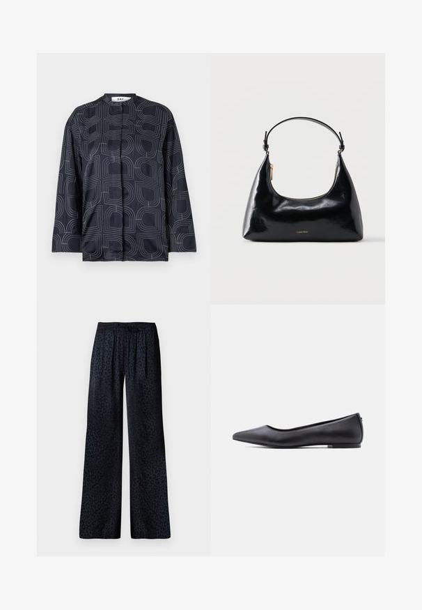 Blouse marine avec un motif géométrique blanc, dotée d'un col mandarin et de manches longues, fabriquée en tissu lisse et brillant.; Pantalons larges en tissu foncé avec un motif léopard noir discret, une taille élastique et une coupe confortable.; Chaussure plate en cuir noire à bout pointu avec petit talon, vue de profil sur fond blanc.; Sac à main Calvin Klein noir brillant avec fermeture éclair dorée et anse courte sur fond blanc uni.