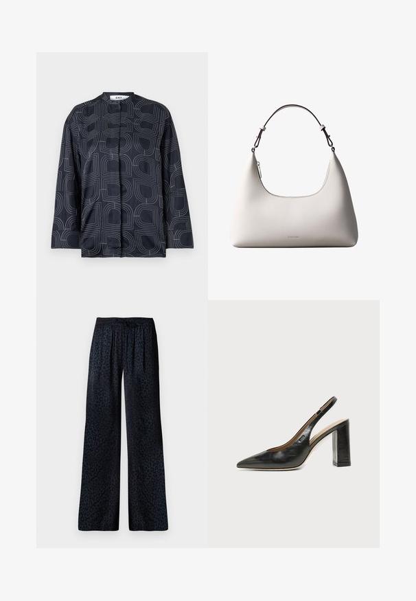 Blusa azul marino con un patrón geométrico blanco, con cuello mao y mangas largas, fabricada en un tejido liso y brillante.; Pantalones de pierna ancha en tejido oscuro con un sutil estampado de leopardo negro, cinturilla elástica y un drapeado cómodo.; Zapato slingback de piel negra con puntera puntiaguda, tacón alto y ancho, y forro interior beige sobre un fondo claro y liso.; Bolso de hombro de cuero color crema de Calvin Klein con borde superior curvado, cremallera plateada y correa ajustable marrón oscuro.