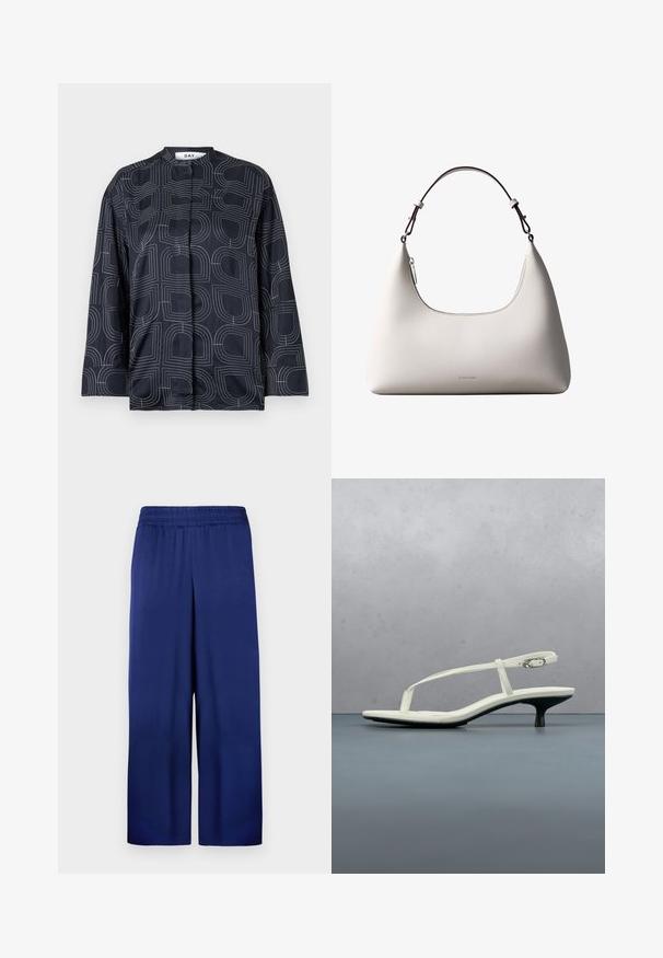 Marinebluse med et geometrisk hvidt mønster, med en mandarin-krave og lange ærmer, lavet af et glat, blankt stof.; Marineblå buks med bred ben, med elastisk talje, lavet af glat stof, der har et enkelt og funktionelt design uden synlige mønstre.; Hvid sandal med stropper og kitten-hæl med spids tå, svævende over et trægulv udendørs med en sløret plante og væg i baggrunden.; Cremefarvet skuldertaske i læder fra Calvin Klein med buet topkant, sølvfarvet lynlås og mørkebrun justerbar rem.