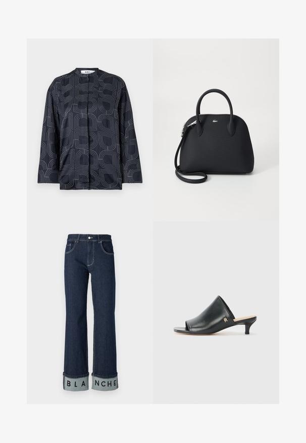 Marinebluse med et geometrisk hvidt mønster, med en mandarin-krave og lange ærmer, lavet af et glat, blankt stof.; Mørkeblå denim jeans med bred ben, der har en foldet kant, der viser "BLANCHE" i fed sort skrift på en lyseblå kant.; Sorte læder open-toe mules med en lav hæl. Har en glat overflade og et guld logo-prim på siden.; Sort håndtaske lavet af tekstureret materiale, med to top håndtag og en aftagelig skulderrem, prydet med et sølv logo.