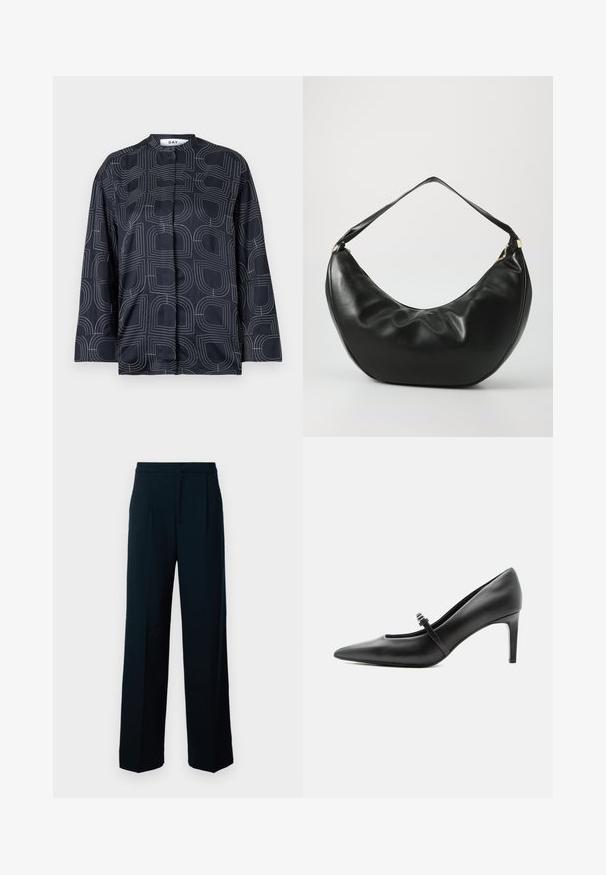 Blouse marine avec un motif géométrique blanc, dotée d'un col mandarin et de manches longues, fabriquée en tissu lisse et brillant.; Pantalons larges noirs en tissu lisse, avec une taille haute, des plis avant et un design épuré et minimal.; Escarpin noir en cuir à bout pointu avec une fine bride et une boucle sur le cou-de-pied, posé sur un fond clair neutre.; Sac à épaule en cuir noir, de forme courbée, avec une texture douce et une seule sangle; il comporte une fermeture éclair dorée et un logo discret.