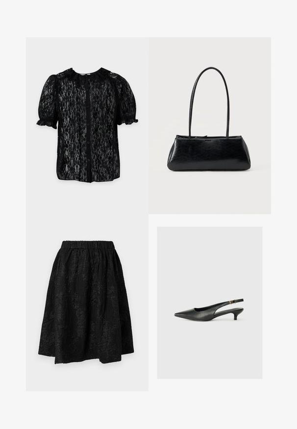 Blusa de encaje negro con mangas cortas abullonadas, cierre frontal con botones y cuello redondeado sobre un fondo claro y liso.; Falda negra con cintura elástica, con patrones florales texturizados. La tela parece ligera y ligeramente arrugada.; Zapato de tacón slingback negro de punta afilada, hecho de cuero suave. Presenta un tacón delgado y un detalle de hebilla en la correa ajustable.; Bolso de hombro rectangular negro con correas largas y delgadas y una textura lisa y brillante sobre un fondo liso.