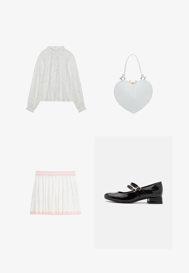 Witte blouse met lange mouwen, voorzien van een gemêleerd bloemenpatroon, een gathered decolletée en elastische manchetten. Zacht, lichtgewicht stof.; Witte geplooide rok met lichtroze tailleband en zoomdetail, kniehoogte, plat liggend op een witte achtergrond.; Zwarte gepatineerde leren Mary Jane-schoenen met een ronde neus, twee verstelbare gespbandjes en een lage blokhak. Gladde textuur, minimalistisch ontwerp.; Witte leren handtas in hartvorm met kort handvat en goudkleurige ritssluiting bovenaan in het midden.