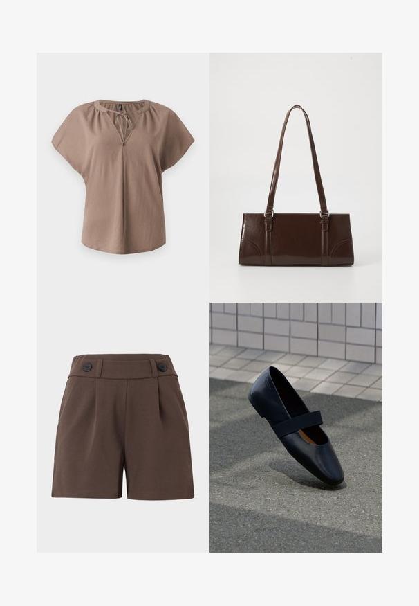 Chemisier marron à manches courtes avec un col en V, un détail à nouer et une coupe décontractée. Fabriqué en tissu doux avec une texture lisse et sans motifs.; Shorts bruns en tissu texturé, avec une taille haute, des plis et deux boutons noirs à l'avant. Conception taillée avec des poches latérales.; Chaussure plate en cuir noir avec un bout arrondi, dotée d'une douce sangle élastique noire sur le cou-de-pied. Texture lisse et design minimaliste.; Sac à main en cuir verni marron de forme rectangulaire, avec deux longues poignées et des accents courbés subtils à l'avant.