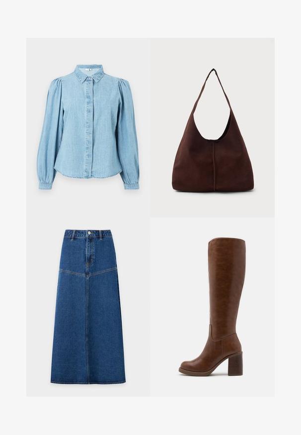 Lyseblå denimskjorte med spids krave, knapper foran og lange pufærmer. Glat tekstur med rundet kant forneden.; Blå denim midi nederdel med knapper foran og sømdetaljer, let udvidet fra taljen til kanten mod hvid baggrund.; Brune knæhøje støvler lavet af glat kunstlæder, med spids tå, blokhæl med lodrette riller og et minimalistisk design.; Brun suedette hobo taske med en stor, buet åbning og en bred skulderrem. Har en centreret søm på forsiden. Glat tekstur.