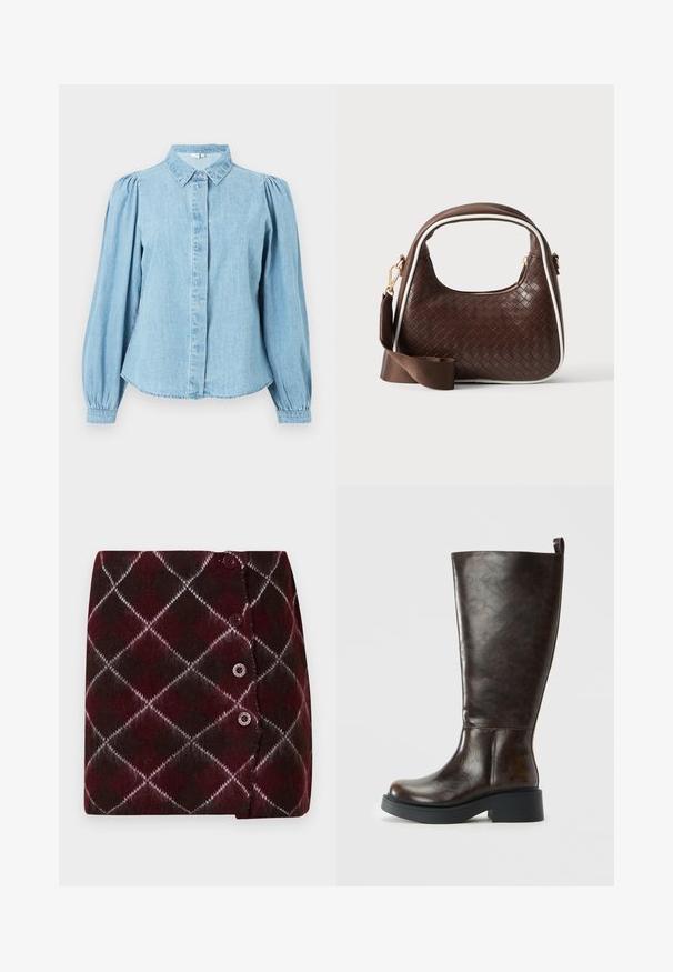 Lyseblå denimskjorte med spids krave, knapper foran og lange pufærmer. Glat tekstur med rundet kant forneden.; Bordeaux og mørkebrun strikket nederdel med diamantmønster, med hvide detaljer og tre knapper på siden til lukning.; Mørkebrun læder knæhøj støvle med rund tå, chunky sort sål, lav blokhæl og trækflig bagpå.; Brun vævet læderhåndtaske med hvid piping, guldfarvet lynlås og aftagelig brun stofskulderrem.