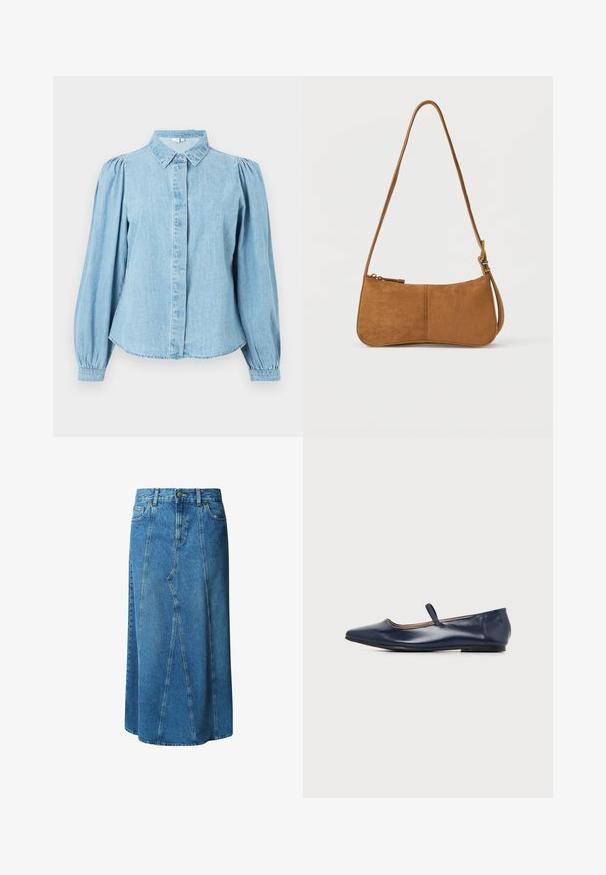 Lyseblå denimskjorte med spids krave, knapper foran og lange pufærmer. Glat tekstur med rundet kant forneden.; Lys blå denimnederdel i knælængde med en tætsiddende talje, knaplukning og frontlommer; har en paneleret design og rå kant.; Flad navy blå lædersko med spids tå og enkelt tynd rem over vristen, vist i sideprofil på hvid baggrund.; Brun skuldertaske i ruskind med en buet form, justerbar rem, lynlåslukning og minimal hardware. Glat tekstur med et enkelt design.