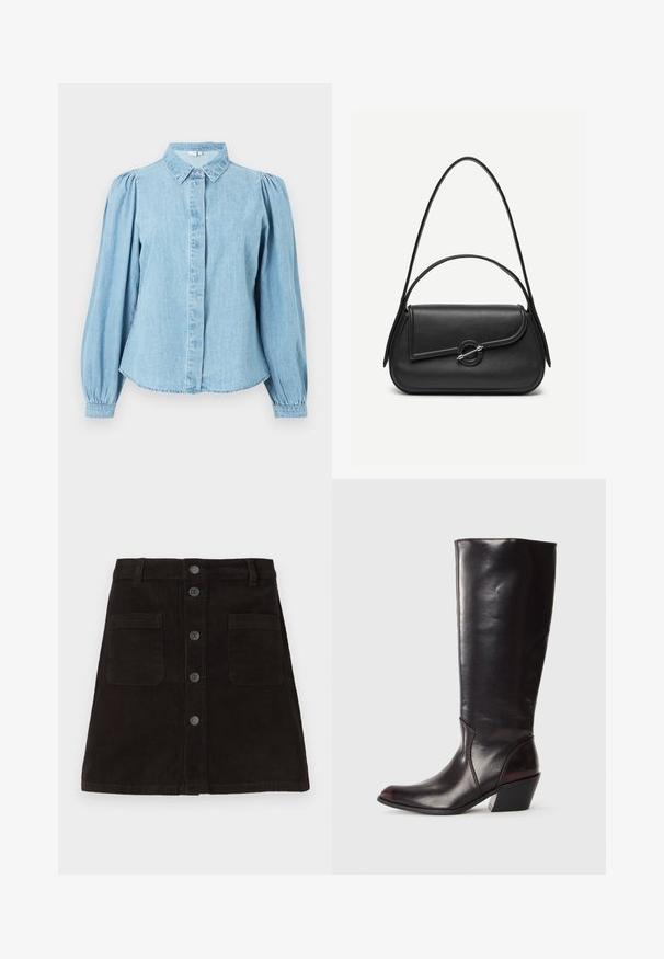 Hellblaues Jeanshemd mit spitzem Kragen, Knopfleiste und langen, ballonartigen Ärmeln. Glatte Textur mit abgerundetem Saum.; Brauner Cord-Rippen-A-Linie-Rock mit durchgehender Knopfleiste, zwei Vorderaschen und strukturierten vertikalen Streifen. Mit standardmäßigem Bund und Gürtelschlaufen.; Knöchelhigh, dunkelbraune Lederstiefel mit spitzem Zeh, eckigem Blockabsatz und glatter, glänzender Textur. Verfügt über ein klares Design und Steppnähte.; Schwarze Lederhandtasche mit abgerundeten Kanten, asymmetrischem Überschlag, metallfarbenem runden Verschluss und kurzen sowie langen Schulterriemen.