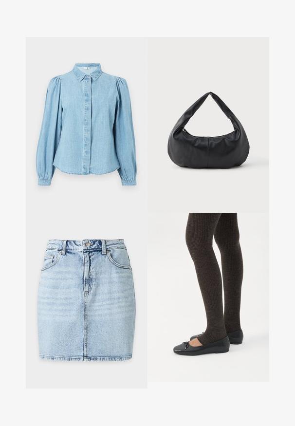 Lichtblauw denim overhemd met een puntige kraag, knoopsluiting aan de voorkant en lange pofmouwen. Gladde textuur met een afgeronde zoom.; Lichtblauwe denim minirok met knoop aan de voorkant, riemlussen, twee steekzakken voor en een zichtbare verticale naad in het midden.; Benen met donkere geribbelde leggings gecombineerd met zwarte ballerina's met kleine strikdetails op een witte achtergrond.; Zwarte zachte leren halvemaanvormige handtas met een dikke, gevoerde handgreep en een ritsopening aan de bovenkant.