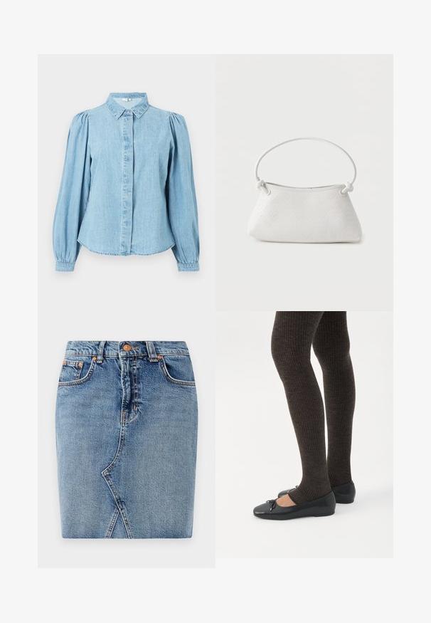 Lyseblå denimskjorte med spids krave, knapper foran og lange pufærmer. Glat tekstur med rundet kant forneden.; Denimnederdel i mellemblå med et tætsiddende design, forlommer og skrå sømdetaljer. Standard talje med metalknaplukning.; Ben iført mørke ribbede leggings kombineret med sorte balletsko med små sløjfedetaljer på hvid baggrund.; Hvid fletlæderhåndtaske med afrundet håndtag og ender på remmen, der er knyttet, vist mod en ensfarvet baggrund.