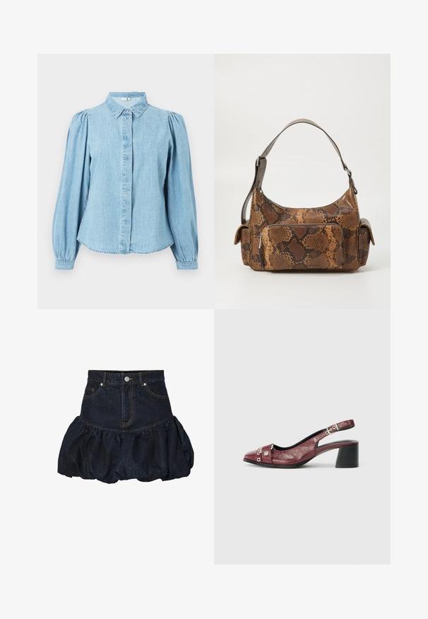 Lichtblauw denim overhemd met een puntige kraag, knoopsluiting aan de voorkant en lange pofmouwen. Gladde textuur met een afgeronde zoom.; Donkerdenimrok met een getailleerde taille en een verzamelde, puffy geplooide onderkant. Voorzien van voorzakken en een metalen knoopsluiting.; Bordeaux leren slingback schoen met een ronde neus, gebogen ontwerp, zilveren hardware accenten en een blokhak. Textuurafwerking.; Bruine handtas met slangenprint, voorzien van een gestructureerd oppervlak, een gebogen ontwerp, een enkele schouderband en één voorzijde ritsvak.