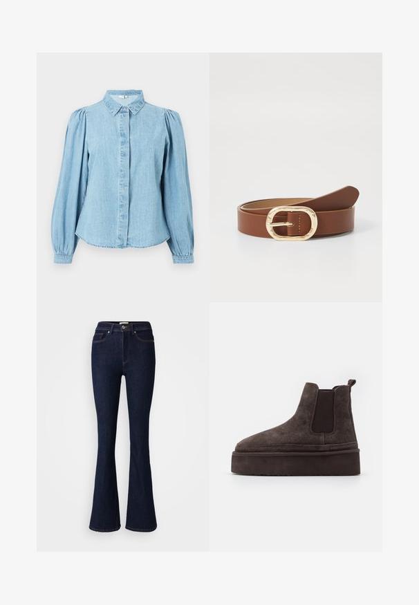 Hellblaues Jeanshemd mit spitzem Kragen, Knopfleiste und langen, ballonartigen Ärmeln. Glatte Textur mit abgerundetem Saum.; Ausgestellte dunkelblaue Jeans mit hoher Taille, Knopfverschluss sowie Vorder- und Gesäßtaschen. Glatte Textur mit kontrastierenden Steppnähten.; Braune Wildleder Chelsea-Stiefel mit elastischen Seitenpaneelen und einer dicken, strukturierten Plattformsohle. Mit einem Ziehband an der Ferse für ein einfaches An- und Ausziehen.; Brauner Ledergürtel mit einer goldenen ovalen Schnalle und genähten Details. Glatte Textur mit einem minimalistischen Design und spitz zulaufendem Ende.