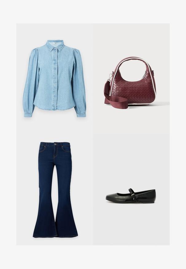 Lyseblå denimskjorte med spids krave, knapper foran og lange pufærmer. Glat tekstur med rundet kant forneden.; Mørkeblå denim flare jeans med frontknap og lynlås, frontlommer og bæltestropper vist på en ensfarvet baggrund.; Sorte læder balletflade med rund tå, flad sål og en tynd justerbar rem over svangen med en metalspænde.; Mørkerød vævet lædertaske med buet hank, hvid kant, sølv lynlås og aftagelig bred stofskulderrem mod en ensfarvet baggrund.
