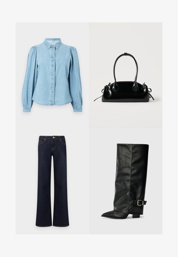 Hellblaues Jeanshemd mit spitzem Kragen, Knopfleiste und langen, ballonartigen Ärmeln. Glatte Textur mit abgerundetem Saum.; Dunkelblaue Denim-Jeans mit weiter Beinform, vorne Taschen, Knopf- und Reißverschluss sowie sichtbaren Kontrastnähten.; Schwarze Lederstiefeletten in Knöchellänge mit spitzem Zehenbereich, glatter Oberfläche und silberner Schnallenakzent an der Seite. Massiver, quadratischer Absatz.; Kleine schwarze glänzende Handtasche mit zwei langen Griffen und seitlichen Kordelzug-Details vor einfachem hellem Hintergrund.