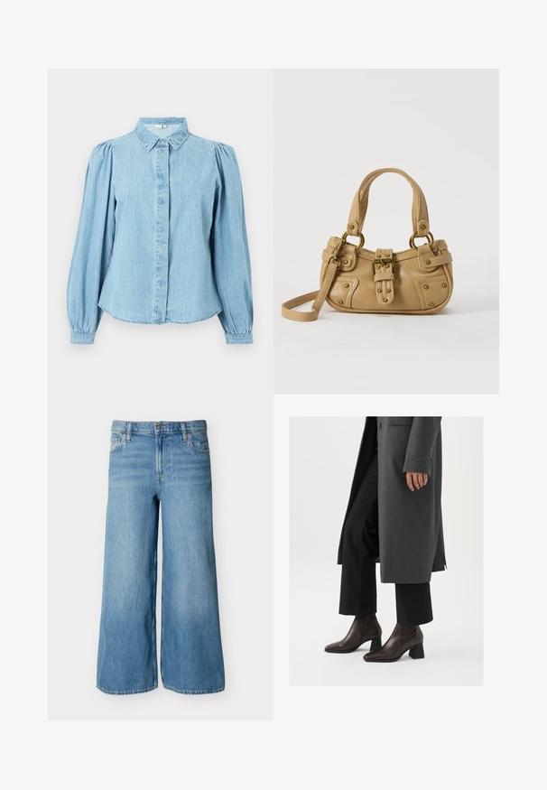 Chemise en denim bleu clair avec un col pointu, une patte de boutonnage à l'avant et des manches longues bouffantes. Texture lisse avec un ourlet arrondi.; Jean en denim bleu clair à jambes larges avec bouton frontal, fermeture éclair, passants pour ceinture et poches, présenté sur un fond uni.; Bottines à talons hauts en cuir marron foncé avec un bout pointu et un talon carré, associées à un pantalon noir et un manteau gris.; Sac à main en cuir beige avec double poignées, boucle en laiton et détails rivetés, ainsi qu'une bandoulière réglable sur fond blanc.