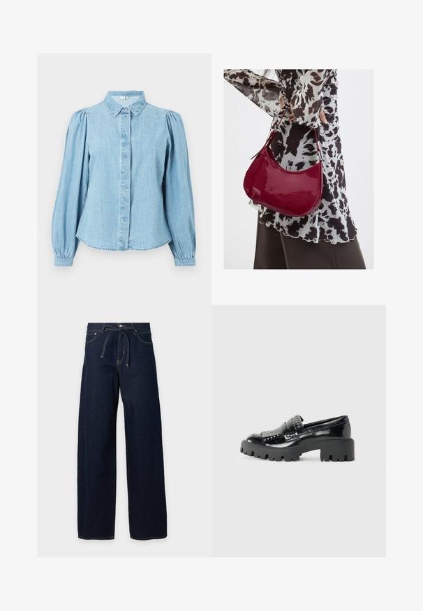 Lyseblå denimskjorte med spids krave, knapper foran og lange pufærmer. Glat tekstur med rundet kant forneden.; Mørkeblå denim-jeans med brede ben, frontknap, bæltestropper, forlommer og et matchende denim-bælte.; Sorte patenterede læder loafers med en chunky sort platformsål, udsmykket med metalliske nitter på forfoden og et rundt tådesign.; Kvinde iført en sort- og hvidmønstret bluse, der holder en blank rød skuldertaske mod en ensfarvet baggrund.