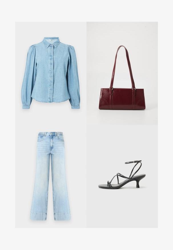 Lichtblauw denim overhemd met een puntige kraag, knoopsluiting aan de voorkant en lange pofmouwen. Gladde textuur met een afgeronde zoom.; Lichtblauwe wijde jeans met hoge taille, gevlochten riemlussen, knoop aan de voorkant, rits en twee zakken op een witte achtergrond.; Zwarte hoge hakken sandalen met dunne banden, open teen ontwerp en een kleine, uitlopende hak. Het materiaal lijkt glad en glanzend.; Bourgondische handtas van glanzend materiaal, rechthoekige vorm, met twee schouderbanden en subtiele gebogen accenten aan de voorkant.