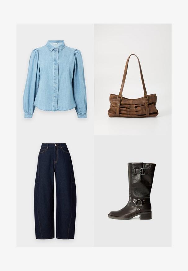 Lichtblauw denim overhemd met een puntige kraag, knoopsluiting aan de voorkant en lange pofmouwen. Gladde textuur met een afgeronde zoom.; Brede donkerblauwe denim broek met contrasterende oranje stiksels, vijf zakken en een knoop- en ritssluiting aan de taille.; Bruine leren kniehoge laars met een ronde neus, een detailsluiting aan de zijkant en een chunkyzool. Gladde textuur met metallic accenten op de band.; Even&Odd Handtas - brown
