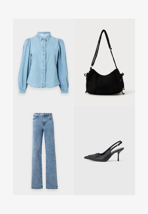 Hele sinine teksariidest särk terava kraega, esikäepidemega ja pikkade paftvarrukatega. Sujuva tekstuuriga ja ümardatud alläär.; Noisy May Straight fit NMYOLANDA - Wide leg - medium blue denim; Must musta sanga kaelaga stilettod, terav nina, külgse pandla rihm, nurgas nublud ja dekoratiivne nöörimine ees.; Must mustru toodetud õunnaga õlakott, millel on kaarjas kuju, reguleeritav rihm ja kummitõmbemehhanismid mõlemal küljel suuruse kohandamiseks.