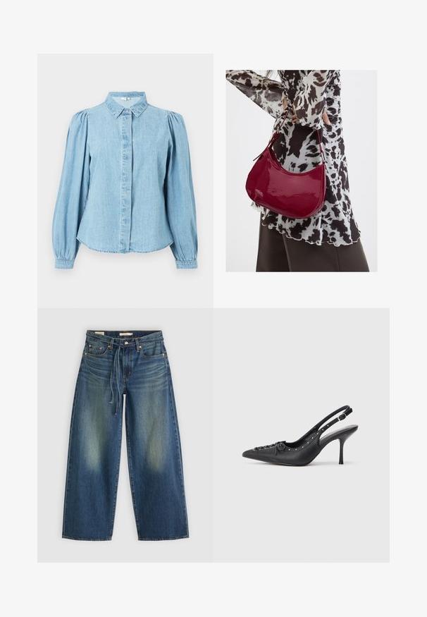 Lichtblauw denim overhemd met een puntige kraag, knoopsluiting aan de voorkant en lange pofmouwen. Gladde textuur met een afgeronde zoom.; Denim wide-leg jeans in donkerblauw met een vervaagd ontwerp, voorzien van een trekkoord in de taille en vijf zakken.; Zwarte leren slingback stiletto met spitse neus, zijgesp met gesp, studs langs de rand en decoratieve veters aan de voorkant.; Vrouw met een zwart-wit gebloemde blouse houdt een glanzende rode schoudertas vast tegen een effen achtergrond.