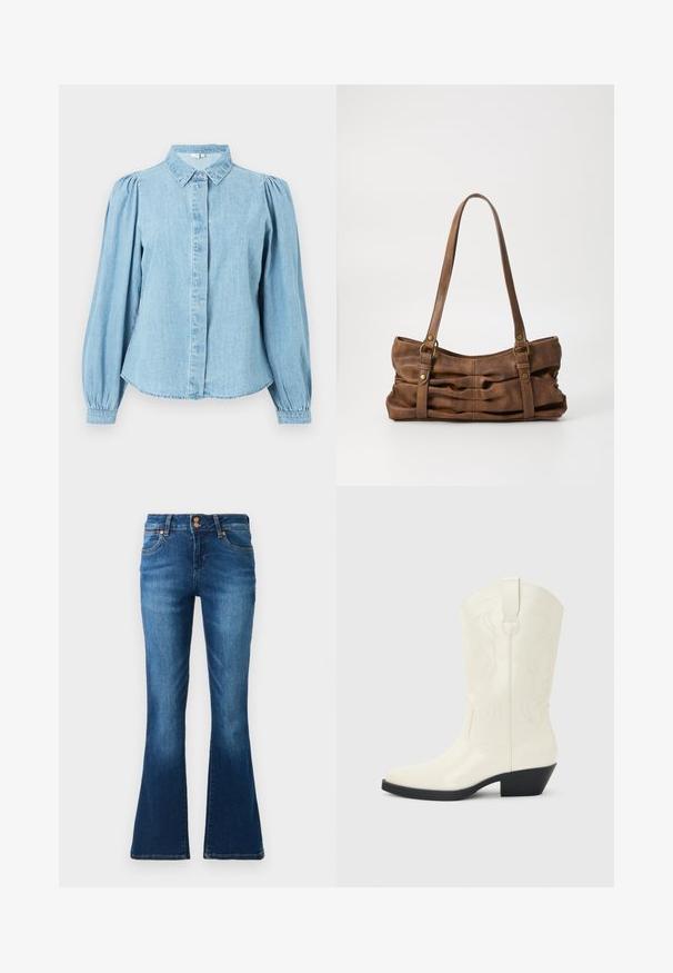 Lyseblå denimskjorte med spids krave, knapper foran og lange pufærmer. Glat tekstur med rundet kant forneden.; Blå denim flared jeans med forlommer, bæltestropper og dobbelt knaplukning vist på en ensfarvet baggrund.; Hvid western-støvle til midt på læggen med spids tå, sort stablet hæl, dekorative sømme og trækflap på skaftet.; Even&Odd Håndtasker - brown