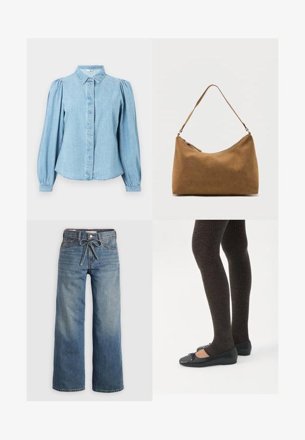 Lichtblauw denim overhemd met een puntige kraag, knoopsluiting aan de voorkant en lange pofmouwen. Gladde textuur met een afgeronde zoom.; Lichtblauwe wijdlopende spijkerbroek van denim, met een trekkoord in de taille, twee voorzakken en subtiele vervaging voor textuur.; Benen met donkere geribbelde leggings gecombineerd met zwarte ballerina's met kleine strikdetails op een witte achtergrond.; Bruine suède schoudertas met een enkele band en een ritssluiting aan de bovenkant, gepresenteerd tegen een effen witte achtergrond.