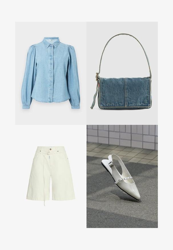 Svetlomodrá džínsová košeľa so špicatým golierom, zapínaním na gombíky vpredu a dlhými nafúknutými rukávmi. Hladká textúra s zaobleným lemom.; Svetlo béžové denimové šortky s uvoľneným strihom, pútkami na opasok, prednými vreckami a sťahovacou šnúrkou v páse. Hladká textúra.; Biela špicatá slingback plochá topánka s dvoma striebornými prackami, zobrazená vonku na textúrovanej zemi a dlaždicovej stene v pozadí.; Denimová taška na rameno s prehnutým dizajnom, svetlo modrej farby, s viditeľným prešívaním, nastaviteľným popruhom a bočným štítkom ako akcentom.