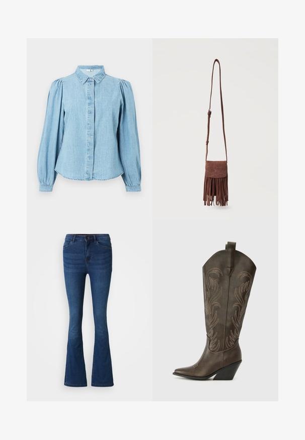 Lichtblauw denim overhemd met een puntige kraag, knoopsluiting aan de voorkant en lange pofmouwen. Gladde textuur met een afgeronde zoom.; Donkerblauwe spijkerbroek met flared pijpen, met voor- en achterzakken, knoop- en ritssluiting, en vervaagde details op de dijen en knieën.; Bruine leren cowboylaars met een spitse neus, wiggenhak en decoratieve borduursels. Heeft een hoge schacht en een trekriem.; Bruine suède schoudertas met lange riem, gestikt decoratief patroon op het klepje en hangende franjes langs de onderrand.