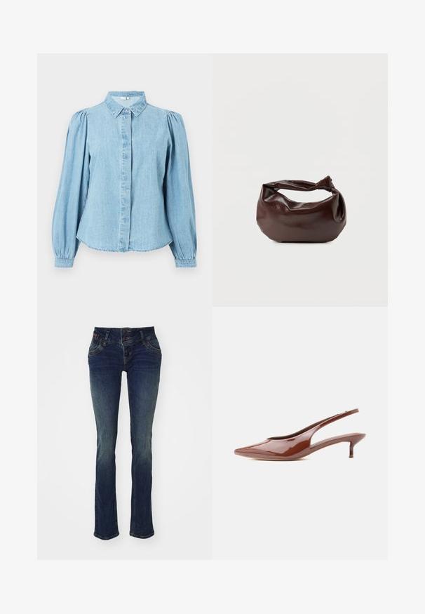 Camisa de mezclilla azul claro con cuello puntiagudo, botones en la parte delantera y mangas largas abullonadas. Textura lisa con dobladillo redondeado.; Jeans azul oscuro de corte ajustado, con una cinturilla de doble botón, cinco bolsillos y una textura ligeramente desvanecida en los muslos.; Zapato slingback marrón brillante con tacón bajo y delgado estilo kitten heel, punta afilada, sobre fondo blanco.; Bolso de hombro de cuero marrón oscuro con una forma suave y caída, y un asa con nudo torcido sobre un fondo blanco liso.