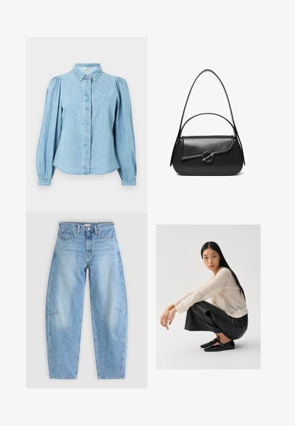Lichtblauw denim overhemd met een puntige kraag, knoopsluiting aan de voorkant en lange pofmouwen. Gladde textuur met een afgeronde zoom.; Lichtblauwe denim jeans met een relaxte pasvorm, met een hoge taille, rechte pijpen en subtiele stiksels op de voorzakken.; Lichtbeige sheer sweater met pofmouwen, gecombineerd met zwarte leren wijde broek en glanzende zwarte schoenen met een banddetail.; Zwarte leren schoudertas met een gebogen klep die is bevestigd met een ronde metalen sluiting en een smalle, verstelbare band.