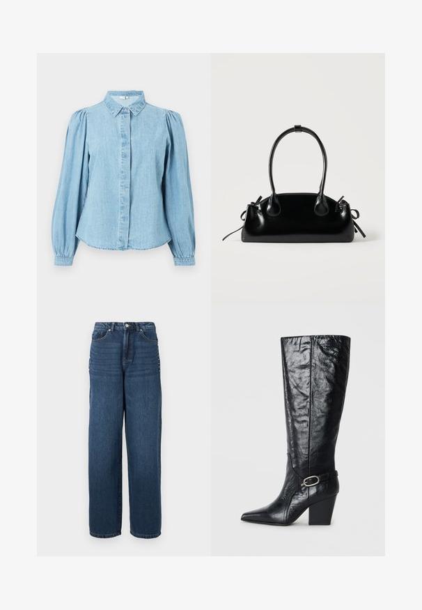 Chemise en denim bleu clair avec un col pointu, une patte de boutonnage à l'avant et des manches longues bouffantes. Texture lisse avec un ourlet arrondi.; Jean en denim bleu foncé avec une coupe ample, un design à cinq poches et une fermeture à bouton avec des accents en métal le long des coutures latérales.; Bottes noires montantes en cuir brillant, avec un bout pointu, une forme structurée, et une sangle décorative avec une boucle en argent.; Petit sac à main noir brillant avec deux longues anses et des détails à cordon sur les côtés sur un fond clair uni.