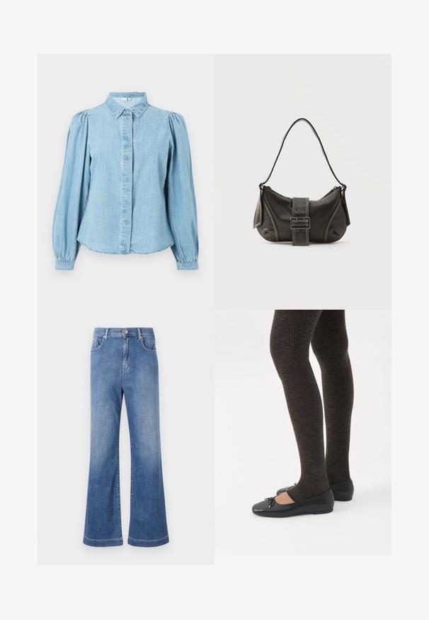 Hele sinine teksariidest särk terava kraega, esikäepidemega ja pikkade paftvarrukatega. Sujuva tekstuuriga ja ümardatud alläär.; Heledad sinine denim lõikega flared teksad kõrge vöökohtaga, viie taskuga ja kergelt tuhmumisega. Õmmeldud servad ja tavaline nupulemine.; Jalad seljas tumedad soonelises soonelises kombines mustade baleriinadega, millel on väikesed paelade detailid valgel taustal.; Mustast nahast õlakott pandlanööriga detailiga, kõverate servade ja kontrastse valge õmblusega tavalise tausta peal.