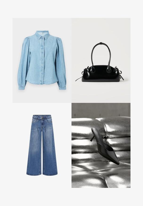 Chemise en denim bleu clair avec un col pointu, une patte de boutonnage à l'avant et des manches longues bouffantes. Texture lisse avec un ourlet arrondi.; My Essential Wardrobe MWKARO 144 MID XWIDE - Wide Leg - medium blue wash; Mule noire à bout pointu avec un talon fin, posée sur une surface matelassée argentée brillante et métallique.; Petit sac à main noir brillant avec deux longues anses et des détails à cordon sur les côtés sur un fond clair uni.
