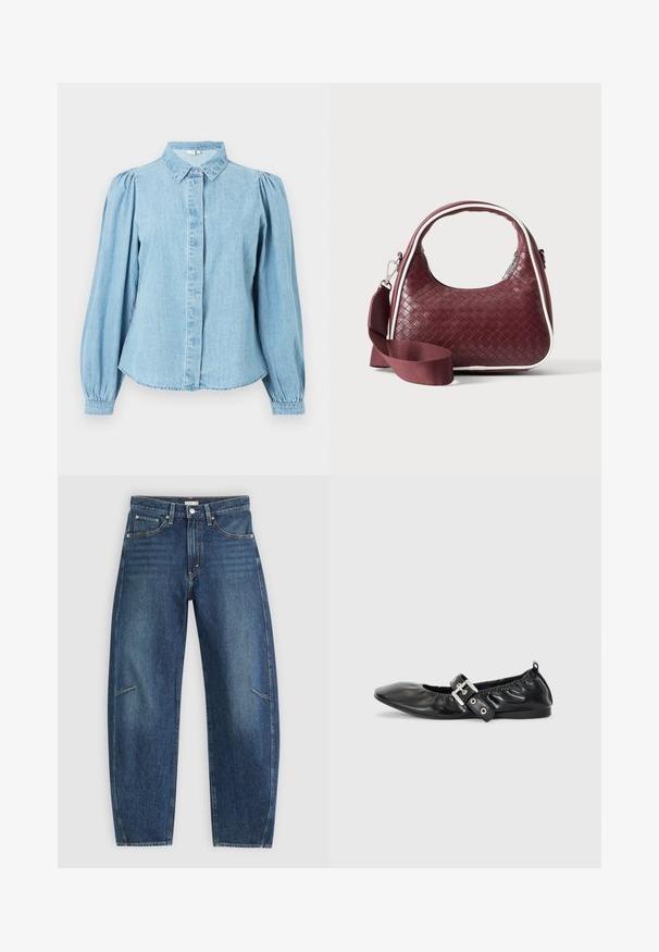 Lyseblå denimskjorte med spids krave, knapper foran og lange pufærmer. Glat tekstur med rundet kant forneden.; Mørkeblå denim jeans med lige ben-design, der har forkæbbes lommer, kontrastsyninger og en subtil falmet tekstur på benene.; Sorte læder flade sko med spids tå, samling detaljer omkring åbningen, og en sølv spænde accent på den justerbare rem.; Mørkerød vævet lædertaske med buet hank, hvid kant, sølv lynlås og aftagelig bred stofskulderrem mod en ensfarvet baggrund.