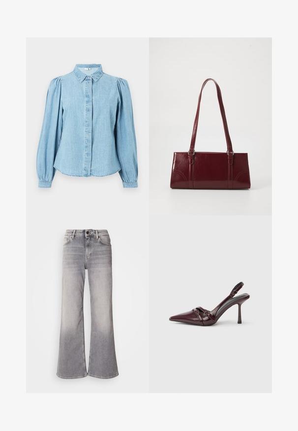Lyseblå denimskjorte med spids krave, knapper foran og lange pufærmer. Glat tekstur med rundet kant forneden.; Mos Mosh HERA - Flared jeans - grey; Bourgogne laklæder slingback-hæl med spids tå, tynd ankelrem og lille dekorativ spænde. Glat tekstur og høj hæl.; Bordeaux håndtaske lavet af glansfuldt materiale, rektangulær form, med to skulderremme og subtile buede detaljer på forsiden.