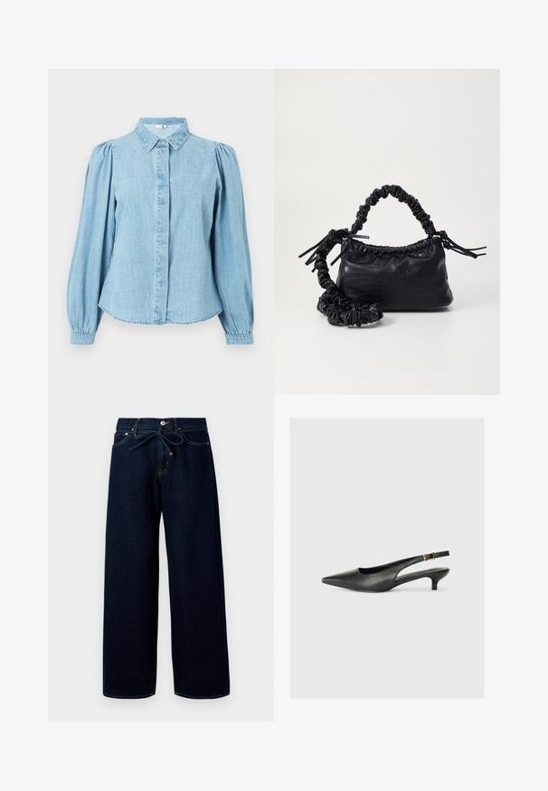 Lichtblauw denim overhemd met een puntige kraag, knoopsluiting aan de voorkant en lange pofmouwen. Gladde textuur met een afgeronde zoom.; Donkerblauwe wijde jeans van denim, met een sluiting met knoppen aan de voorkant en een trekkoord in de taille, versierd met contrasterende stikdetails.; Zwarte puntschoen met slingback van soepel leer. Kenmerkt zich door een dunne hak en een gespdetail op de verstelbare band.; Zwarte nepleer handtas met een krokodillenstructuur, opgedroogde bovenkant en een gekreukte hengsel. Het lijkt zacht en compact van ontwerp.