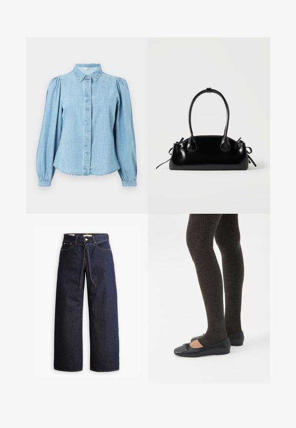 Lichtblauw denim overhemd met een puntige kraag, knoopsluiting aan de voorkant en lange pofmouwen. Gladde textuur met een afgeronde zoom.; Wijd pijpjes donkerblauwe denim jeans met een hoge taille, voorzien van een trekkoord, vijf zakken en contrasterende stiksels.; Benen met donkere geribbelde leggings gecombineerd met zwarte ballerina's met kleine strikdetails op een witte achtergrond.; Kleine zwarte glanzende handtas met twee lange hengsels en zijkant trekkoord details op een effen lichte achtergrond.