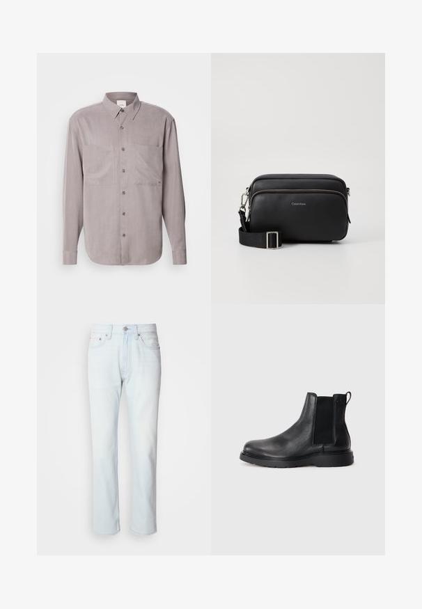 Chemise à manches longues à boutons en tissu gris muted, avec deux poches poitrine, un col classique et des fermetures à boutons ton sur ton.; Jean en denim bleu clair avec une coupe droite. Présente une fermeture à bouton et des passants de ceinture, mettant en valeur une texture décolorée et des coutures minimalistes.; Bottes Chelsea en cuir noir avec une finition texturée, des panneaux latéraux élastiques et une semelle en caoutchouc robuste. Branding subtil sur le talon.; Sac en cuir noir à bandoulière avec deux compartiments zippés, finition texturée, sangle ajustable et accents en métal argenté. Logo Calvin Klein affiché.