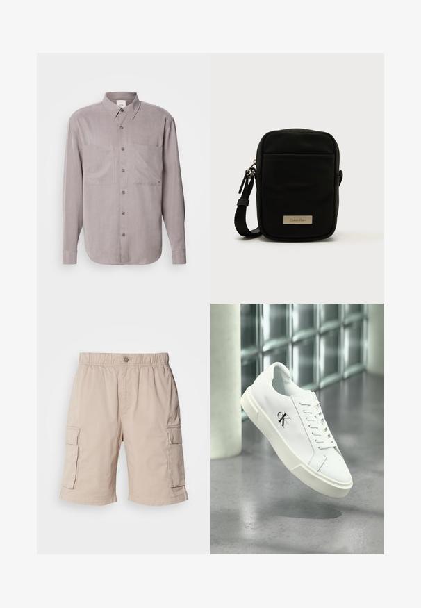 Camisa de manga larga abotonada en tejido gris apagado, con dos bolsillos en el pecho, un cuello clásico y cierres de botón en tono. ; Pantalones cortos de carga beige con cintura elástica, cierre de botón, dos bolsillos laterales y bolsillos adicionales en los muslos. Tejido ligero.; Zapatilla blanca Calvin Klein con cordones, mostrada flotando sobre un suelo de cemento pulido y un fondo de pared de bloques de vidrio.; Bolso bandolera de nylon negro con textura y forma rectangular, que cuenta con un bolsillo delantero con cremallera y una placa metálica con el logo. Incluye una correa ajustable.