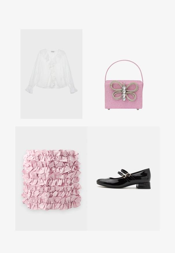 Hvid bluse med lange ærmer, tekstureret blomsterdesign, flæset frontlåg og udvidede manchetter. Blødt stof med en løs pasform.; Lyserød rynket stof med flere lag af blød, satinlignende tekstur og samlede kanter. Rektangulær form med en rig, jævn farve.; Sorte patenterede læder Mary Jane sko har en rund tå, to justerbare spænder, og en lav blokhæl. Glat tekstur, minimalistisk design.; Lyserød glimmer håndtaske med et sommerfuglemotiv lavet af rhinsten, med en struktureret form og et enkelt top håndtag.
