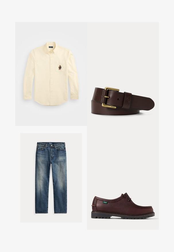 Lichtgele blouse met lange mouwen en een geknoopte kraag. Bevat een zak met een berenafbeelding in donkere kleding. Gladde stofstructuur.; Blauwe jeans in een ontspannen pasvorm met een vervaagde afwerking, zichtbare slijtageplekken, een rechte silhouet en een traditionele knoopsluiting.; Donkerbruine leren mocassin-schoen met zwarte robuuste zool en groene Polo-logo tag aan de zijkant, zijaanzicht.; Bruine leren riem met messing gesp gegraveerd met Polo-logo, plat neergelegd op een lichte achtergrond.