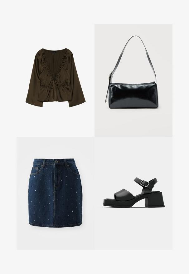Brun, langærmet bluse med dyb V-udskæring, samlet stofdetalje og snøre i taljen. Glat, satinlignende tekstur.; Denim nederdel har en mørkeblå nuance med sølvfarvede nitter jævnt fordelt over stoffet, knaplukning og klassiske lommer.; Sorte læder platform sandaler med peep-toe design, ankelrem og en kraftig firkantet hæl. Glat tekstur og minimalistisk stil.; Sort rektangulær skuldertaske med en enkelt justerbar rem og lynlås i toppen på en ensfarvet baggrund.