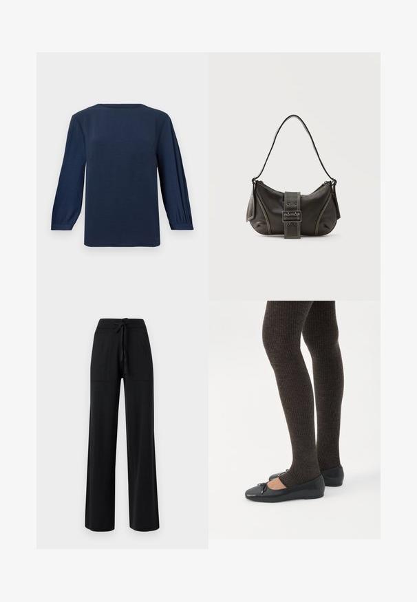 Blouse bleu marine à manches longues avec un col rond, des détails plissés sur les manches, des poignets ajustés et un tissu texturé.; Pantalon noir à jambes larges avec taille élastique et cordon de serrage à l'avant, doté de deux poches plaquées à l'avant.; Jambes portant des leggings côtelés foncés associés à des ballerines noires avec de petits détails en nœud sur fond blanc.; Sac à épaule en cuir noir avec une sangle à boucle, des bords arrondis et des coutures blanches contrastées sur un fond uni.