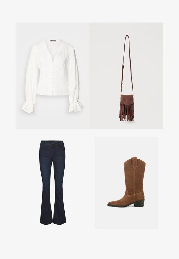 Hvid bluse med lange ærmer og V-hals, stofbetrukne knapper foran, blomsterbroderi og flæseærmer på en ensfarvet baggrund.; Mørkeblå jeans i denim med vidde og højtaljet, der har fem lommer og diskrete syningdetaljer. Glat tekstur med et klassisk design.; Brun ruskind midt-på-læggen westernstøvle med spids tå, trækflig øverst og lav sort stablet hæl mod ensfarvet baggrund.; Brun ruskind crossbody taske med lang rem, syet dekorativt mønster på klappen og hængende frynsetassels langs nederste kant.